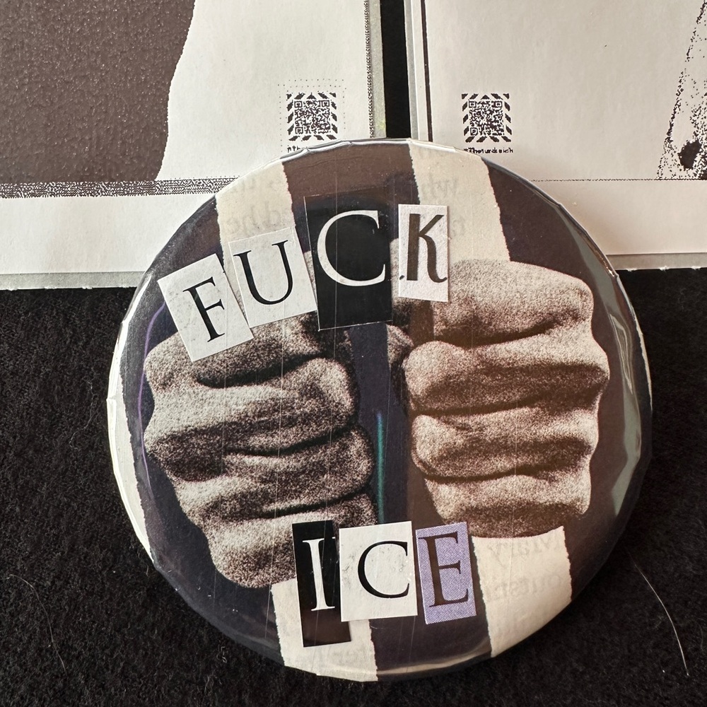 Hand made art collage political Statement Button with Bold Text